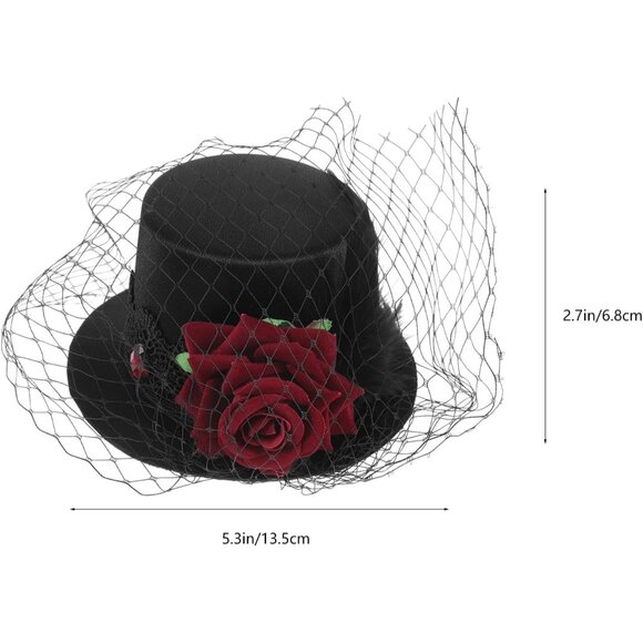 Mini Black Victorian Top Hat Satin Red Rose Veil Women Accessories - Picture 2 of 9